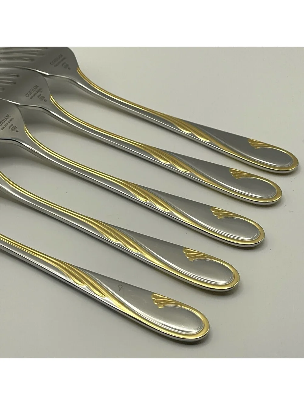 (5) Gorham GOLDEN SWIRL 18/8 Stainless Japan Salad Fork Lot ~ 6 7/8”